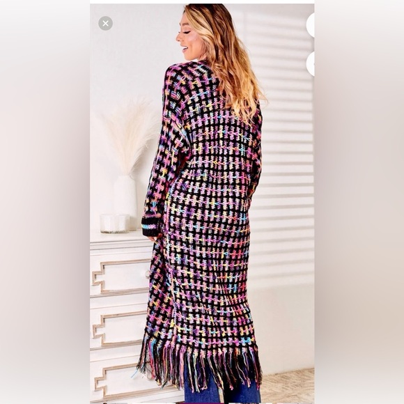 New Multicolor black long bohemian cardigan coat with fringes size s/m - Picture 6 of 15